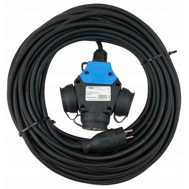 Prodlužovací Kabel T-rozdělovač Gumový Stavební 3 Zásuvky 50 M 3X1,5 MM 16A Guma IP44