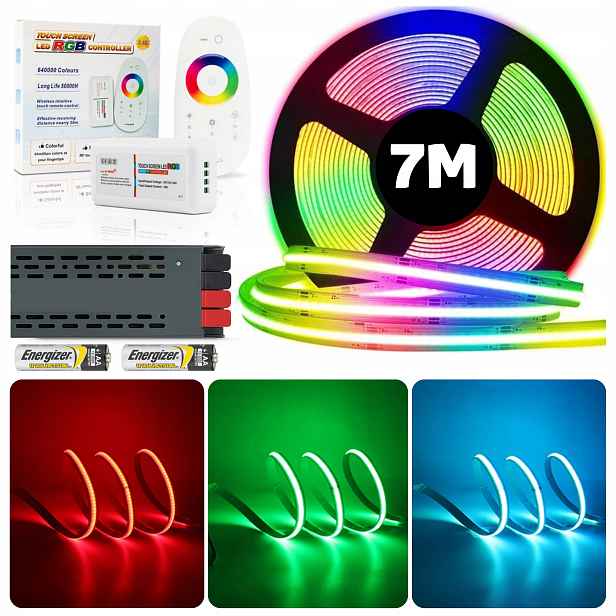 Set 7M Led pásek Cob Rgb 840 diod 15W 24V s dálkovým ovládáním a napájecím zdrojem