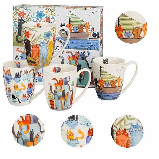 Sada Krémových Porcelánových Hrnků Kočičí svět 4x 360 ml Krabička Dárek