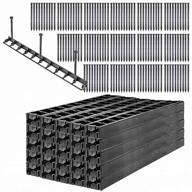 Trávníkový Lem Zahradní Plastový 4,5 cm 50 m 150 Kotvících Kolíků Set Černý