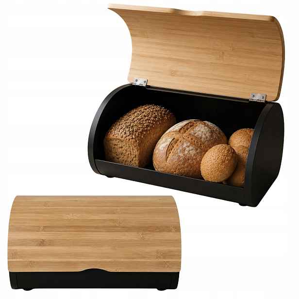 Kovový Chlebník S Bambusovou Roletou 38X25X20 CM, Černý Na Pečivo
