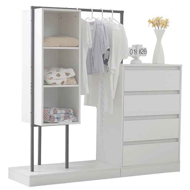 EVRYAE ŠATNÍ SKŘÍŇ komoda minimalistická Bílá kov 4 zásuvky 3 otevřené přihrádky dřevotříska