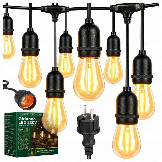 Led zahradní girlanda 10 m 20x E27 2700K IP44 2 náhradní žárovky