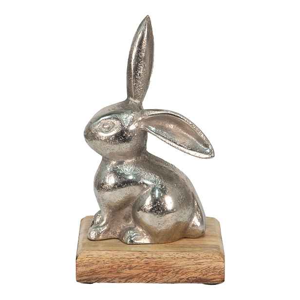 Dekorace stříbrný kovový králík na dřevěném podstavci - 11*10*20 cm Clayre & Eef