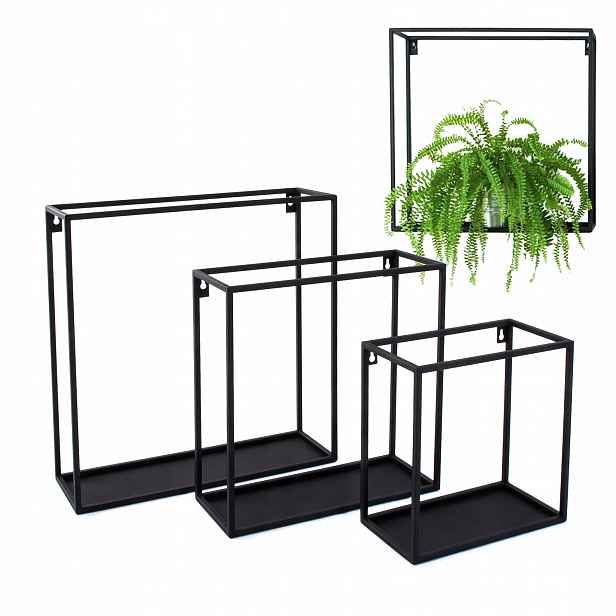 Držák Na Květináč Závěsný Kovový Loft Na Zeď Černý Set Police 30/40/50 CM