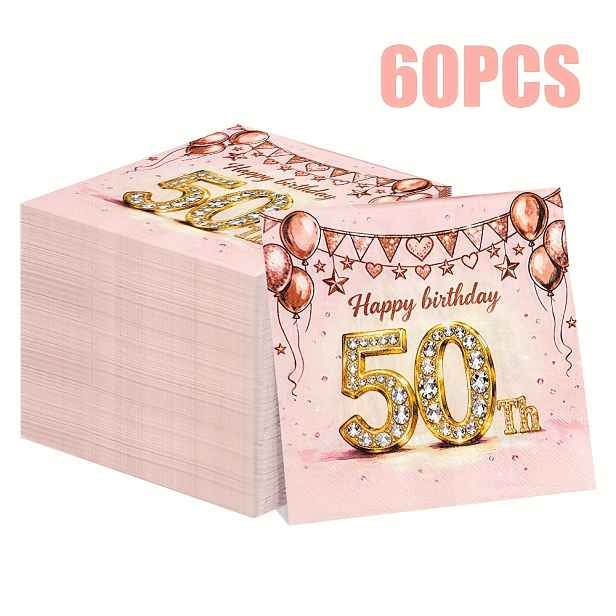 TEMU Balení 60 dvouvrstvých jednorázových ubrousků s srdce a balónků, ideální pro oslavu narozenin, s nápisem "Happy 50Th Birthday" na růžových