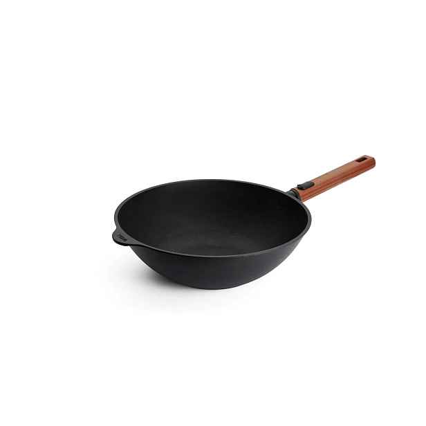 Woll Nepřilnavá wok pánev Eco Logic QXR s dřevěnou odnímatelnou rukojetí, 30 cm 11030WLCI-Q