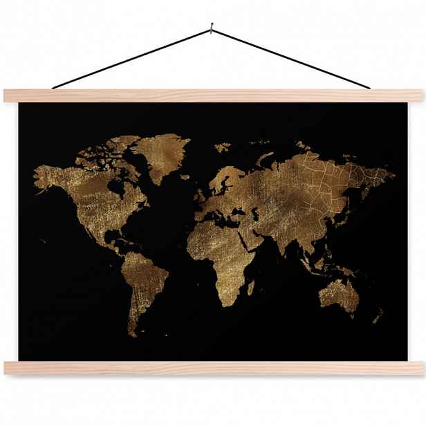 MuchoWow PLAKÁT S MAGNETICKOU LIŠTOU Mapa světa - Zlatá - Luxusní - Země - Černá 90x60 cm