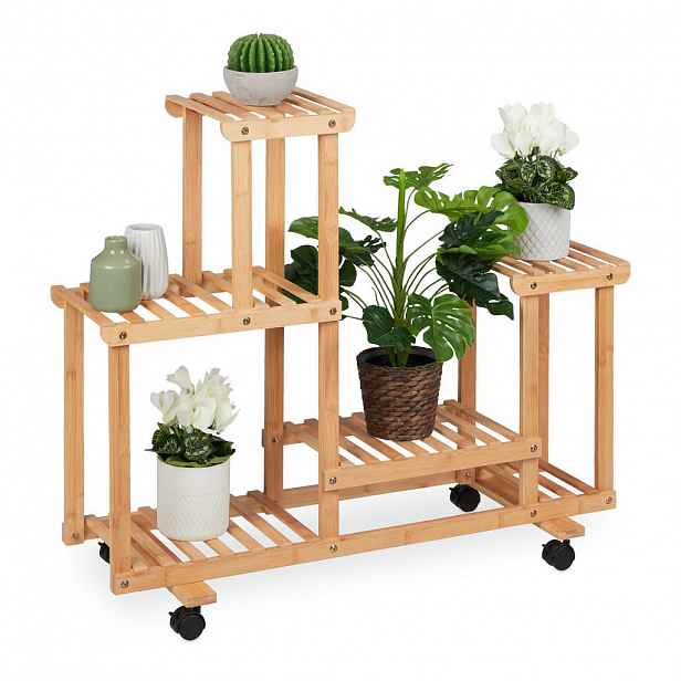 Relaxdays REGÁL přírodní bambus 6 polic s kolečky 79 cm