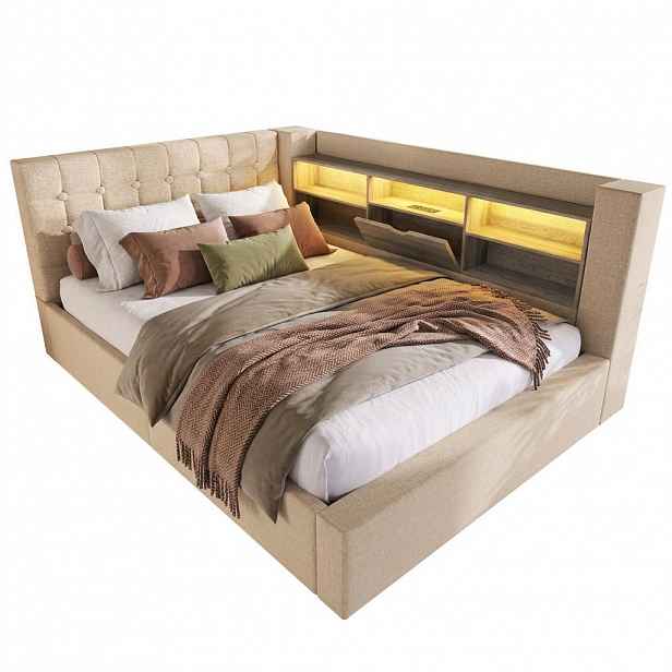 STILVORA ČALOUNĚNÁ POSTEL 140/200 cm béžová s úložným prostorem, LED a USB, len