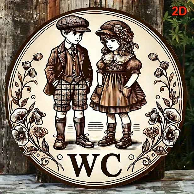 TEMU 2D plochá vintage dřevěná cedule do koupelny - Dřevěná, vintage květinová dekorace s písmeny WC, kruhová plaketa - Vhodná do koupelny, kavárny,