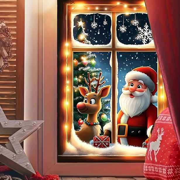TEMU Samolepky na okno Santa Claus a soby - Samolepicí, opakovaně použitelné vánoční dekorace se sněhovými vločkami a světly - Vhodné pro vytvoření