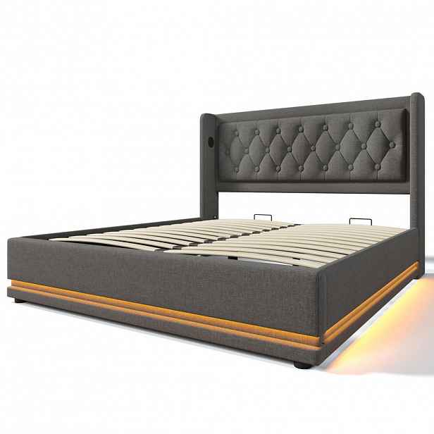 Modfu ČALOUNĚNÁ postel z bavlny 180x200 cm šedá s USB, USB-C, LED osvětlením a hydraulickým úložným prostorem