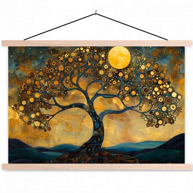 MuchoWow PLAKÁT S MAGNETICKOU LIŠTOU Strom - Měsíc - Květiny - Zlato - Umění 60x40 cm