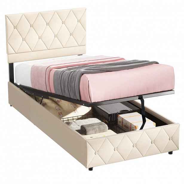 OKWISH ČALOUNĚNÁ postel 90/200 cm béžová s hydraulickým úložným prostorem ze sametu