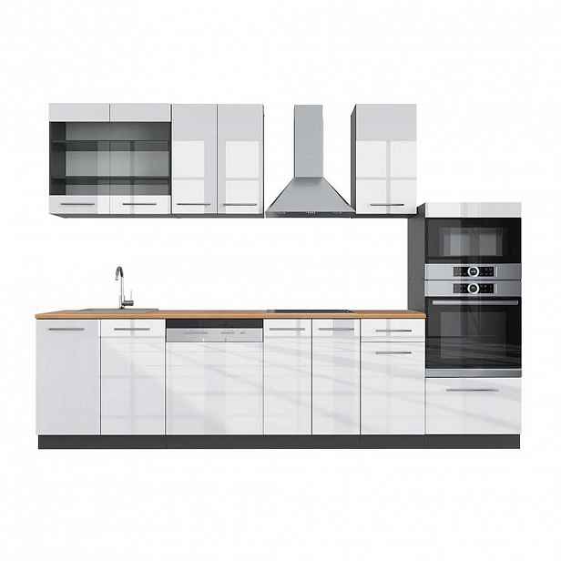 Vicco KUCHYŇSKÝ KOUT Fame-Line Bílý vysoký lesk/antracit 300 cm s vysokou skříní, PD Dub