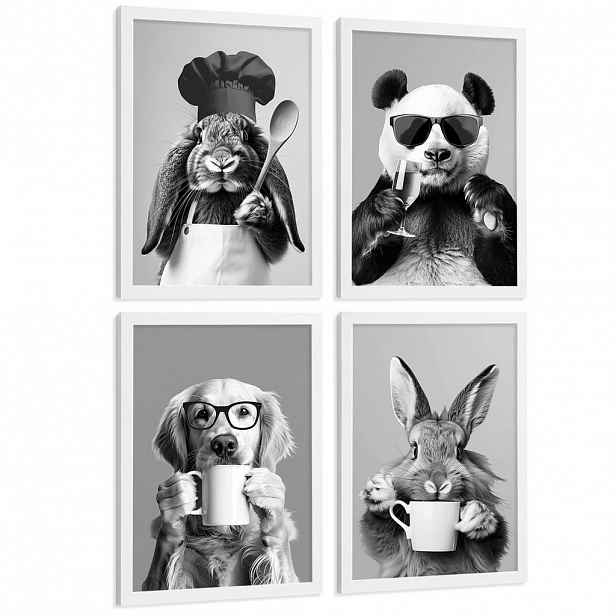 Nacnic PLAKAT Sada 4 Funny Animals byn A3 Bílý rám