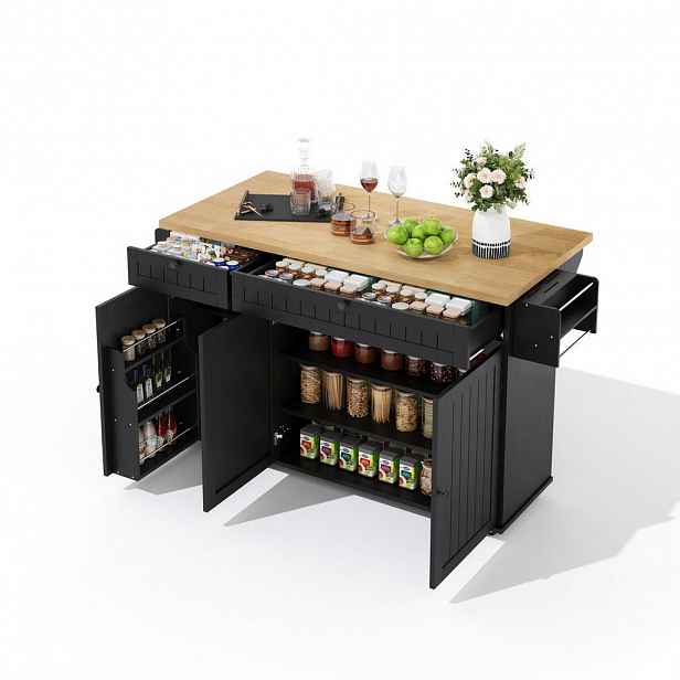 Modfu KUCHYŇSKÝ ostrůvek z MDF 137x70x89 cm přírodní/černý se sklopnou deskou, kolečky a úložným prostorem