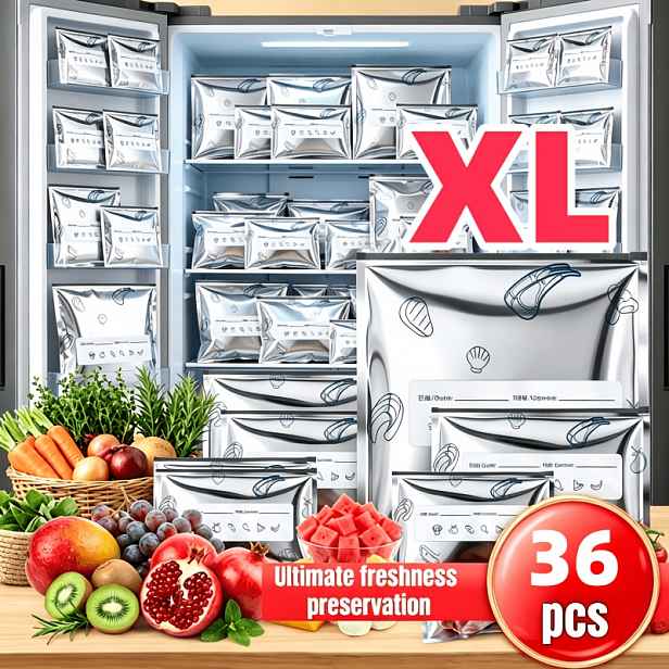 TEMU 36 ks XL Extra Velké Silné Opakovaně Použitelné Hliníkové Fólie Sáčky na Ukládání Potravin, Uzavřená Konstrukce - Odolné proti Vlhkosti a