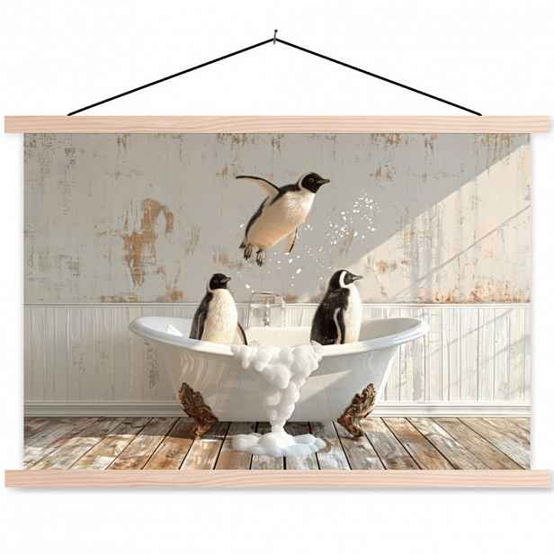 MuchoWow PLAKÁT S MAGNETICKOU LIŠTOU Vintage - Tučňák - Vana - Pěna 90x60 cm