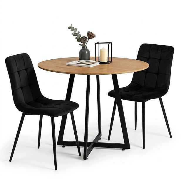 Stůl Kulatý Loft 80 CM 2 Velurová Křesla Černá Sada Do Obývacího Pokoje Jídelny