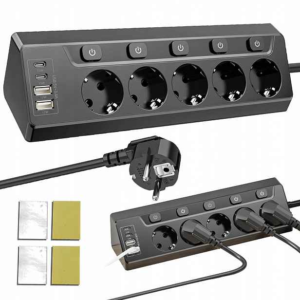 Prodlužovací Kabel Zásuvková Lišta 2 M 5 Zásuvek 4X Usb Nabíječka