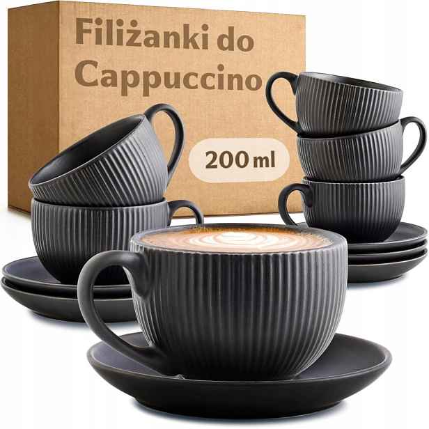 Keramické šálky na kávu cappuccino s podstavcem 200 ml, sada 6 kusů
