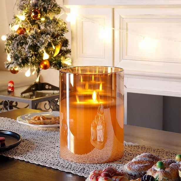 Led svíčka bezplamenná 3 knoty Časovač 20 cm Zlatá Skleněná