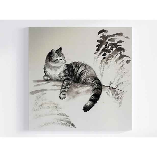 Obraz Na Plátně Canvas Grafika Kresba Tusz Skica Mono Pruhovaná Kočka 50x50
