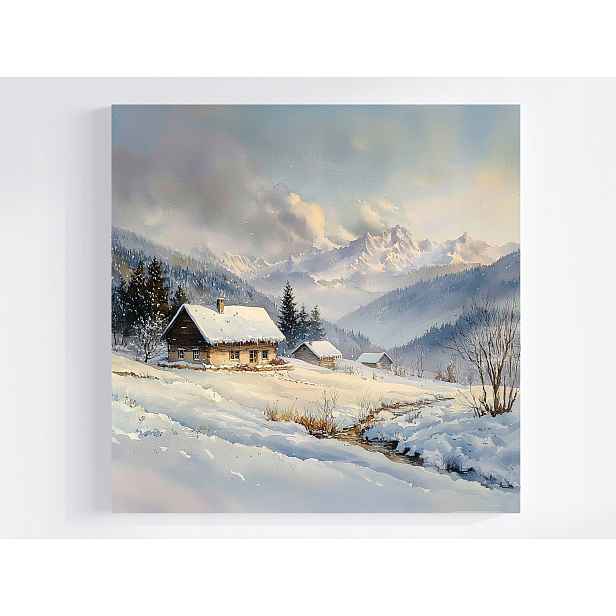 Obraz Na Plátně Canvas Krajina Hory Vrcholy Domky Zima Sníh Mlha 50x50
