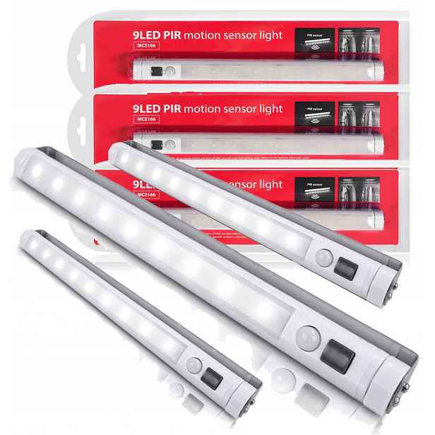 3x Podskříňková Lampa 9 Led Pir Senzor Pohybu Ledová