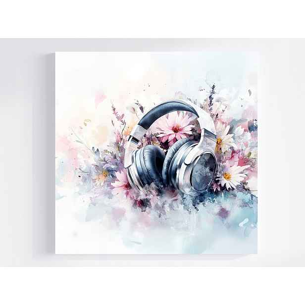 Obraz Na Plátně Canvas Akvarel Hudba Zvuk Sluchátka Květiny Boho 50x50