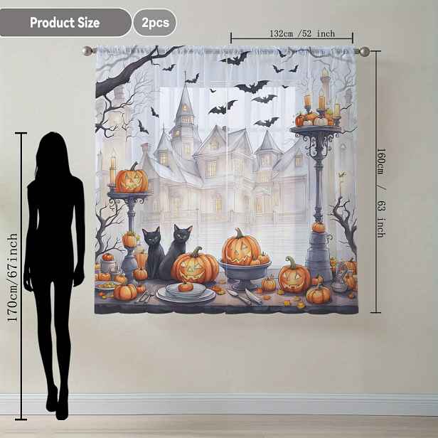 TEMU 2 kusy bohemianského stylu Halloweenových průsvitných závěsů, polyesterový voil s ochranou proti UV záření, průhledné černé hradní a tykvičkové