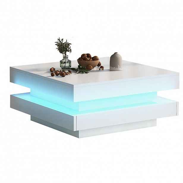 Modfu KONFERENČNÍ stolek z dřevotřísky 70x70x36 cm bílý s LED osvětlením, Bluetooth ovládáním a vysokým leskem