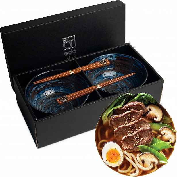 Sada modrých misek 17 cm na těstoviny Udon s tyčinkami Uzu Edo
