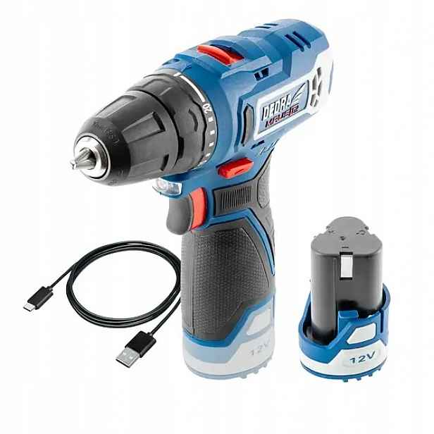 Dedra aku vrtačka 12V/2Ah, 32Nm, 0-400/1300 ot./min., nabíjecí kabel Usb-c,