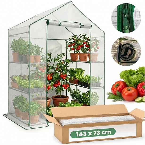 Mini zahradní foliovník s poličkami 143x73x195 cm LUMPAN - bílý
