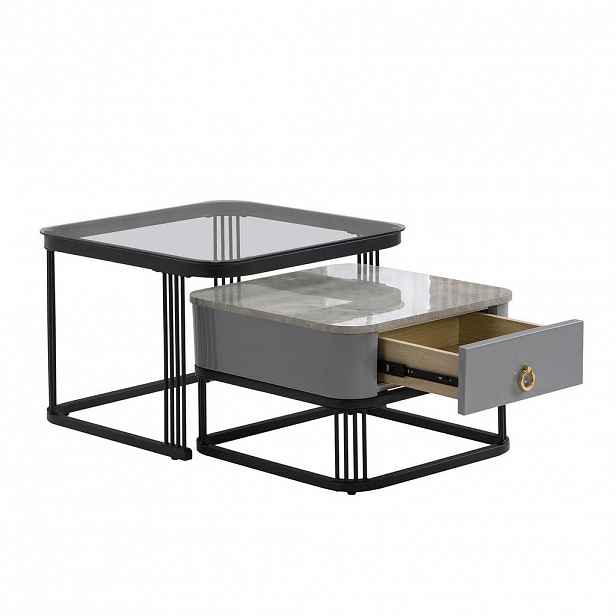 Modfu SADA konferenčních stolků z MDF 60x60x44,5 + 50x50x34,5 cm černá/šedá se zásuvkami a skleněnou deskou