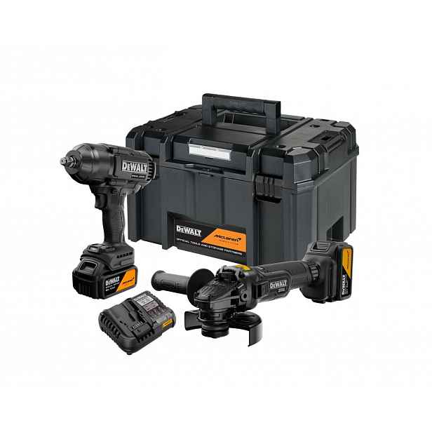 DeWALT - 18V AKU sada úhlové brusky a rázového utahováku, McLaren, 2x aku 5,0 Ah Li-Ion XR, nabíječka DCK2225MP2T
