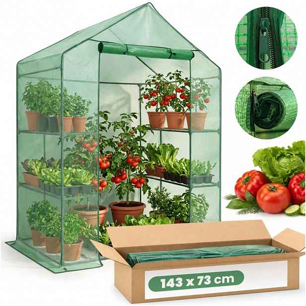 Mini zahradní foliovník s poličkami 143x73x195 cm LUMPAN - zelený