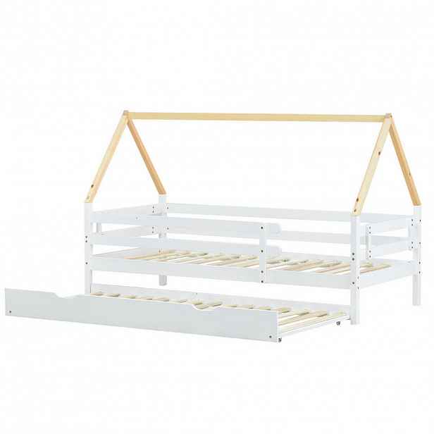Modfu DĚTSKÁ postel z borovice 90x200 cm bílá a přírodní s výsuvným lůžkem, zábradlím a stabilní konstrukcí