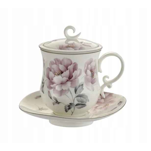 Porcelánový hrnek se sítkem, pokličkou a podšálkem 380 ml květinový vzor dárek