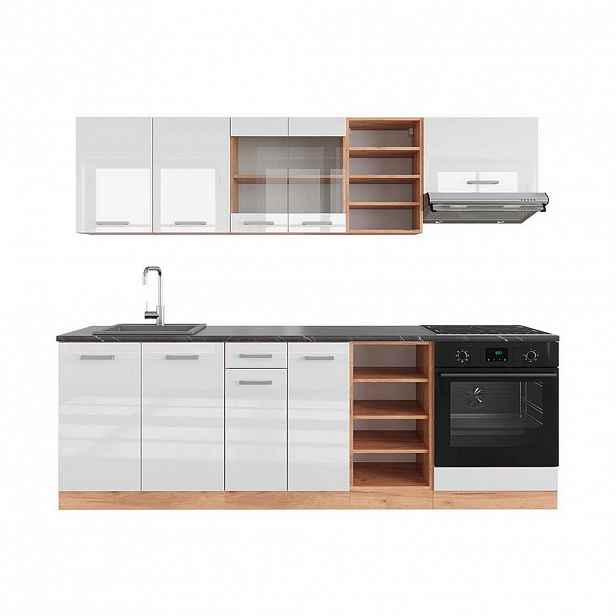 Vicco KUCHYŇSKÝ KOUT R-Line Bílý vysoký lesk/zlatý dub power 240 cm , PD Antracit