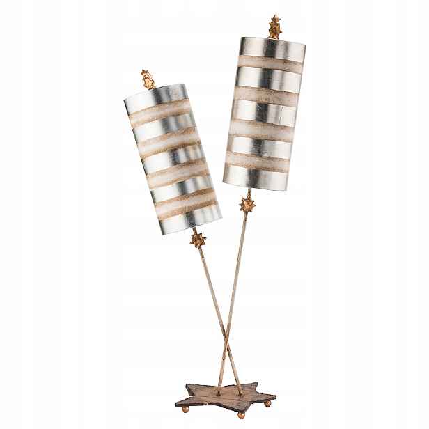 Stolní lampa Art Deco dvojitá stříbrná s proužky 102 cm do obývacího pokoje Flambeau