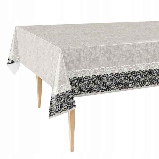 Cerata Tlustý Ubrus 140x500 Skvrnitý Béžový Len Černá Krajka Pruhy
