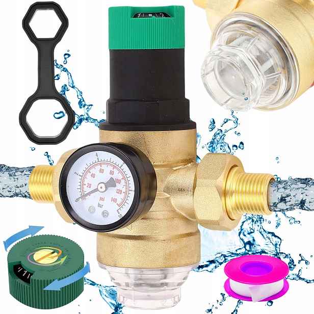 Reduktor Tlaku Vody 1 Palec 3/4 Manometr Dlouhý Filtr S Ventilem 255 MM