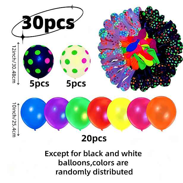 TEMU 30 neonových puntíkovaných latexových balónků, směs svítících balónků, barvy jsou náhodné. Vhodné pro noční narozeninové oslavy, Halloween,