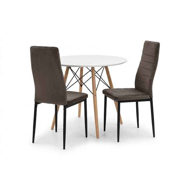 Stůl Kulatý Bílý 80 cm 2 Velurové židle Axell Hnědé