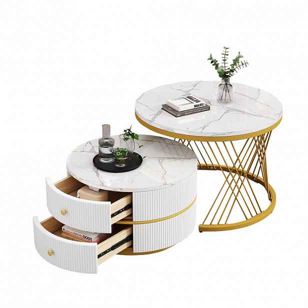 Modfu SADA konferenčních stolků z MDF 60x60x46/50x50x30,8 cm bílá se 2 zásuvkami a lesklým mramorovým dekorem