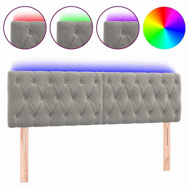 vidaXL Čelo postele s LED světle šedé 144 x 7 x 78/88 cm samet